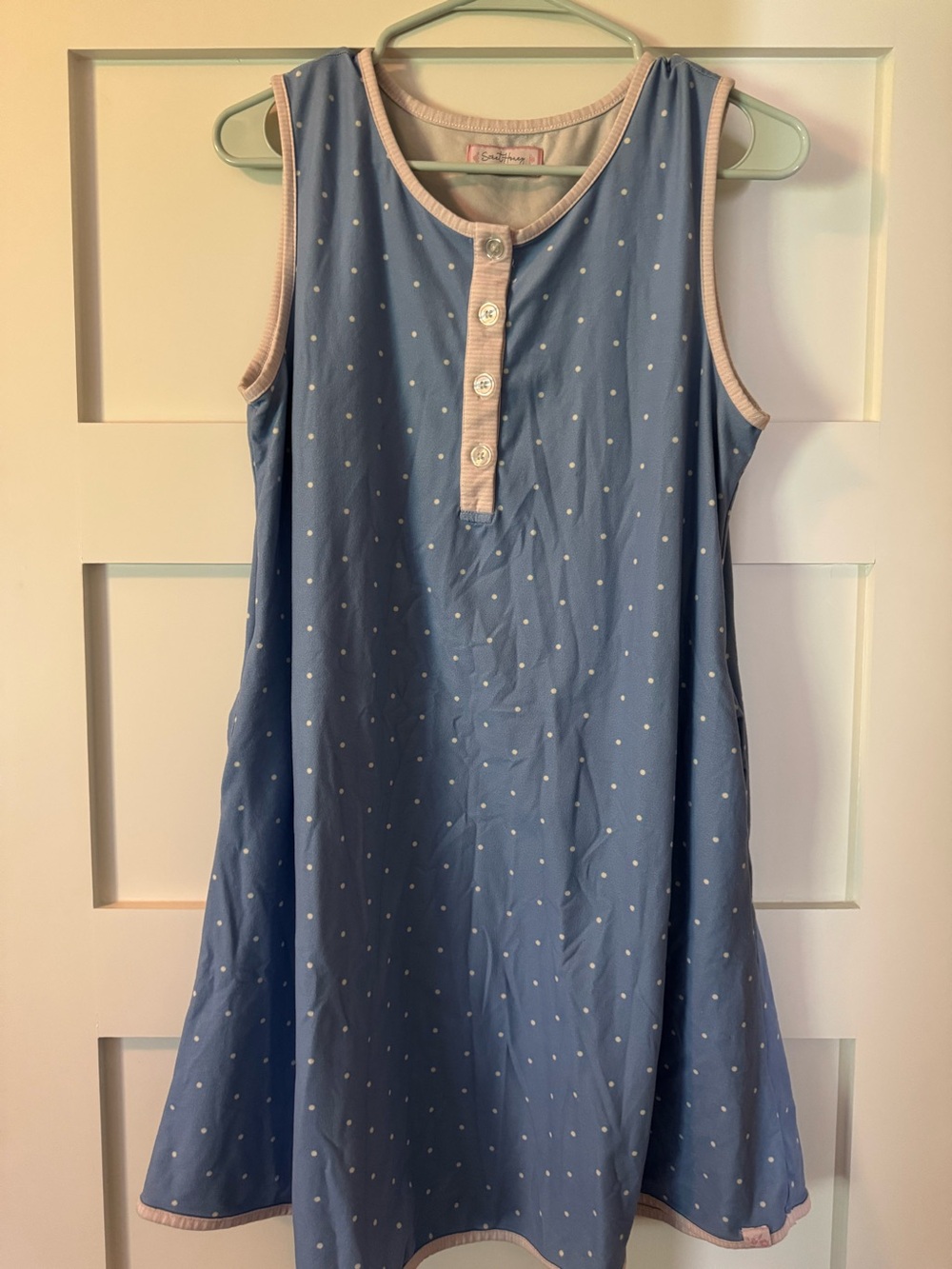 SweetHoney “lets go sailing” Blue Polka Dot Sleeveless gown with Pink Trim